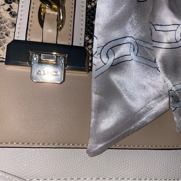 Aldo ANNIEBROOK Cream, tan and Snake Print Shoulder Bag. Elegant accent bow. - Picture 4 of 15